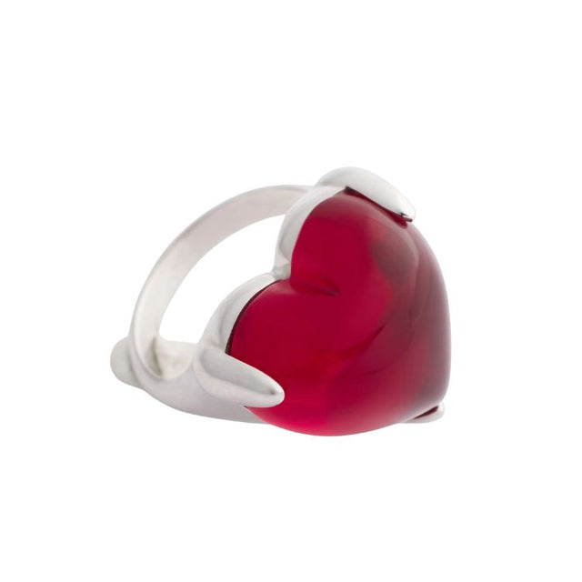 SINGLE RED HEART RING - SILVER