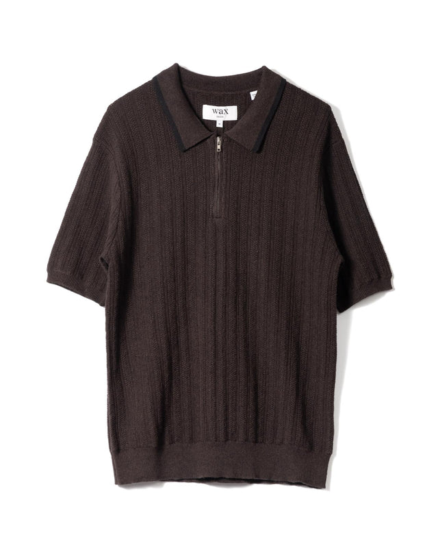 STRIPE RICE STITCH BURY ZIP POLO - DARK BROWN AW25-KNT-BRY-BYN-DKB -DARK BROWN WAX LONDON