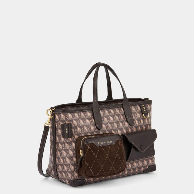 I AM A PLASTIC BAG TOTE XS MULTI POCKET - TRUFFLE RECYCLED CANVAS WITH EBONY SATIN LEATHER 183482 Ebony ANYA HINDMARCH