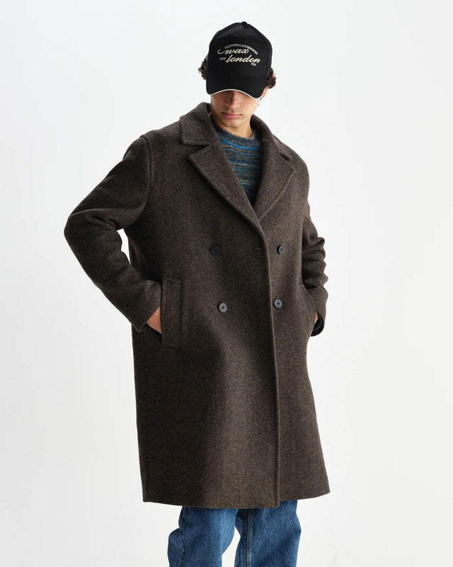 HERRINGBONE DOUBLE BREASTED WOOL OVERCOAT - BROWN AW25-OUT-MAG-BZU-BRN -BROWN WAX LONDON