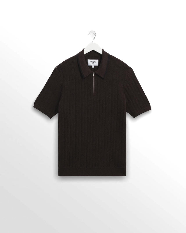 STRIPE RICE STITCH BURY ZIP POLO - DARK BROWN AW25-KNT-BRY-BYN-DKB -DARK BROWN WAX LONDON
