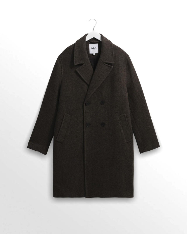 HERRINGBONE DOUBLE BREASTED WOOL OVERCOAT - BROWN AW25-OUT-MAG-BZU-BRN -BROWN WAX LONDON