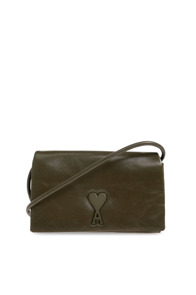 COWHIDE LEATHER VOULEZ-VOUS WALLET ON STRAP - OLIVE FONCE