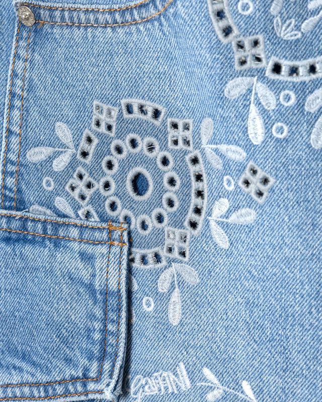 BRODERIE ANGLAISE DENIM CARPENTER JEANS - LIGHT BLUE STONE