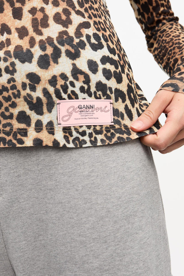 PRINTED MARL MESH LONG SLEEVE TOP - LEOPARD