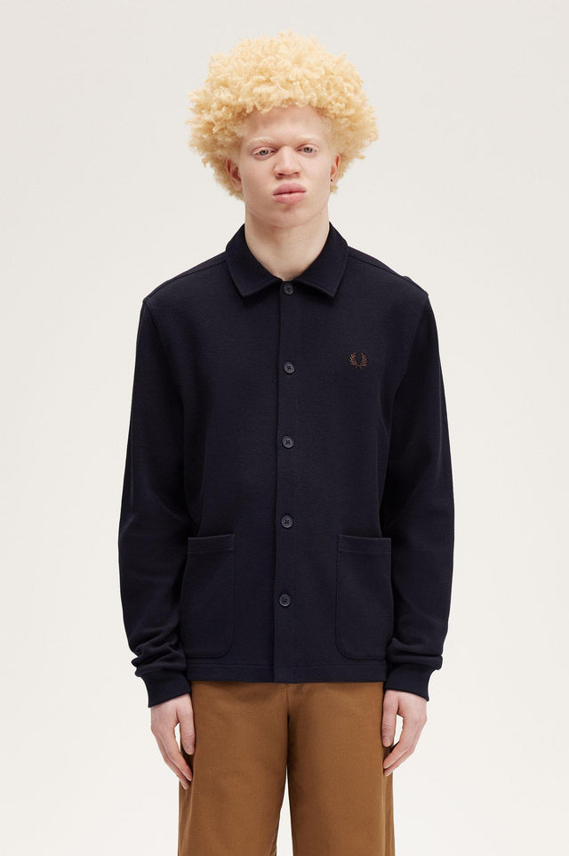 BUTTON THROUGH LONG SLEEVE POLO - NAVY