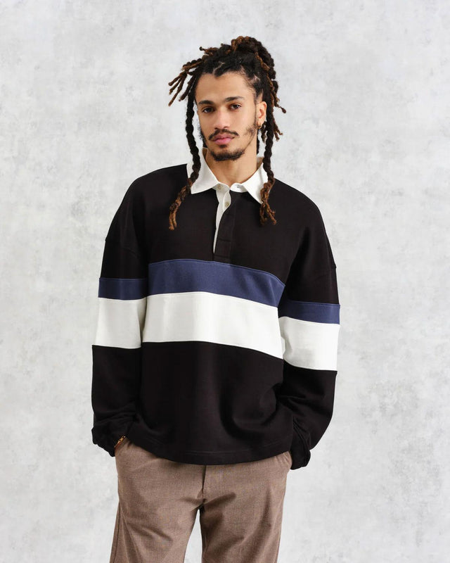 BOW STRIPED COTTON RUGBY SHIRT - BLACK AW24-LST-BOW-BLR-BKN -BLACK/NAVY WAX LONDON 