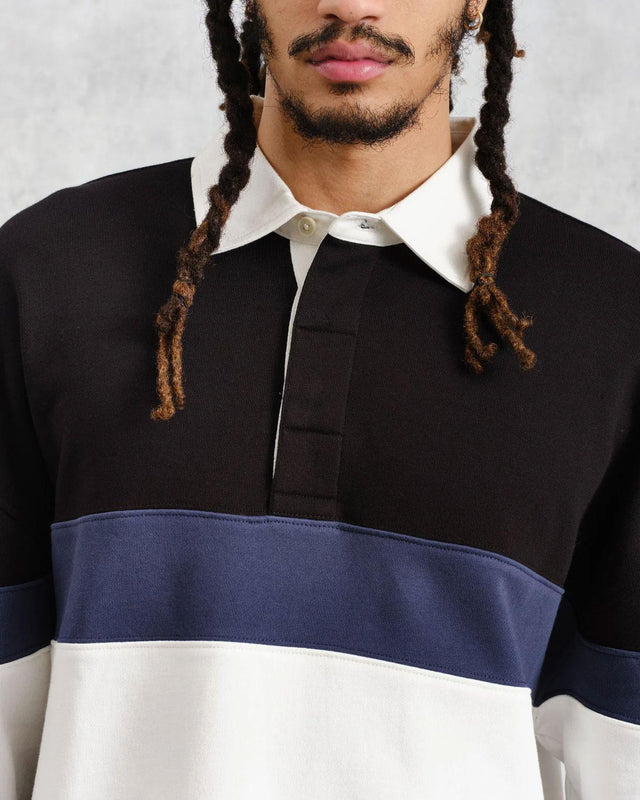 BOW STRIPED COTTON RUGBY SHIRT - BLACK AW24-LST-BOW-BLR-BKN -BLACK/NAVY WAX LONDON 