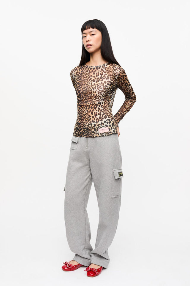 PRINTED MARL MESH LONG SLEEVE TOP - LEOPARD