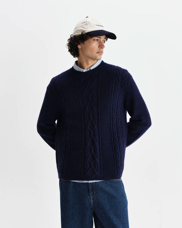 BRUSH CABLE HYATT CREWNECK - NAVY AW25-KNT-HUT-BWN-NVY -NAVY WAX LONDON 