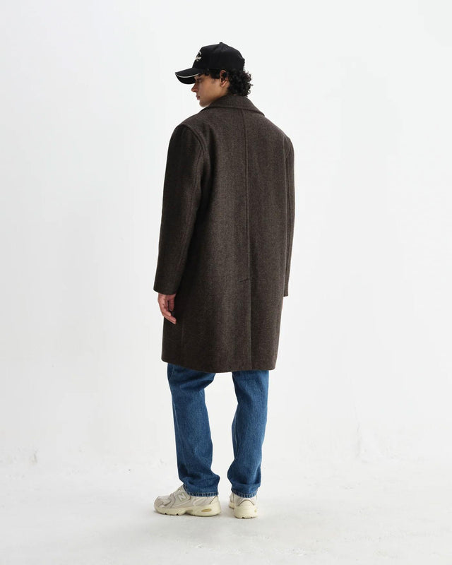 HERRINGBONE DOUBLE BREASTED WOOL OVERCOAT - BROWN AW25-OUT-MAG-BZU-BRN -BROWN WAX LONDON 