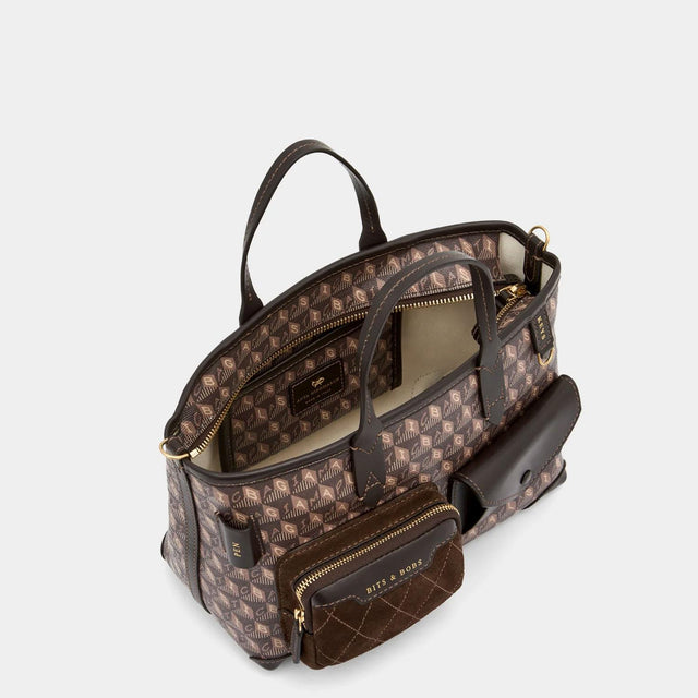 I AM A PLASTIC BAG TOTE XS MULTI POCKET - TRUFFLE RECYCLED CANVAS WITH EBONY SATIN LEATHER 183482 Ebony ANYA HINDMARCH 