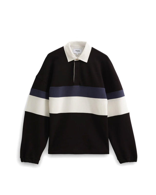 BOW STRIPED COTTON RUGBY SHIRT - BLACK AW24-LST-BOW-BLR-BKN -BLACK/NAVY WAX LONDON 