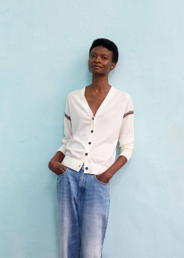 WASHABLE MERINO WOOL 'SIGNATURE STRIPE' CARDIGAN - CREAM W1R-503N-P11082 -02 Cream PAUL SMITH 