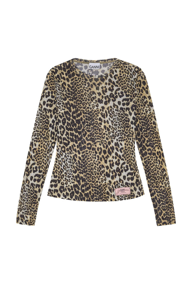 PRINTED MARL MESH LONG SLEEVE TOP - LEOPARD