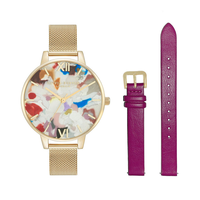 POP ART WATCH - GOLD OBGSET153 -PALE GOLD MESH OLIVIA BURTON 
