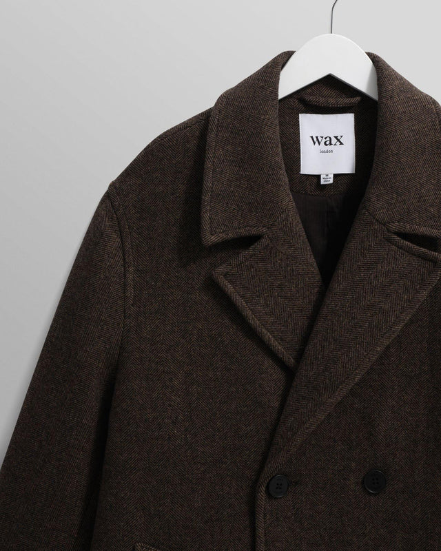 HERRINGBONE DOUBLE BREASTED WOOL OVERCOAT - BROWN AW25-OUT-MAG-BZU-BRN -BROWN WAX LONDON 