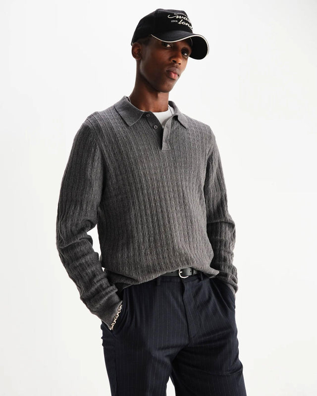 DIAMOND STRIPE OBAN POLO - GREY MARL AW25-KNT-OBN-BTV-MRL -GREY MARL WAX LONDON 