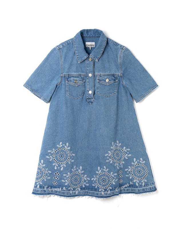 BRODERIE ANGLAISE DENIM MINI DRESS J1694 -564 LIGHT BLUE STONE GANNI 