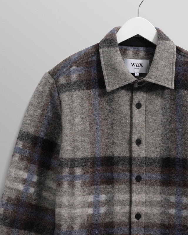 WOOL CHECK NOLAN OVERSHIRT - GREY/ BLUE AW25-OSH-NOL-BZF-GBL -GREY/BLUE WAX LONDON 