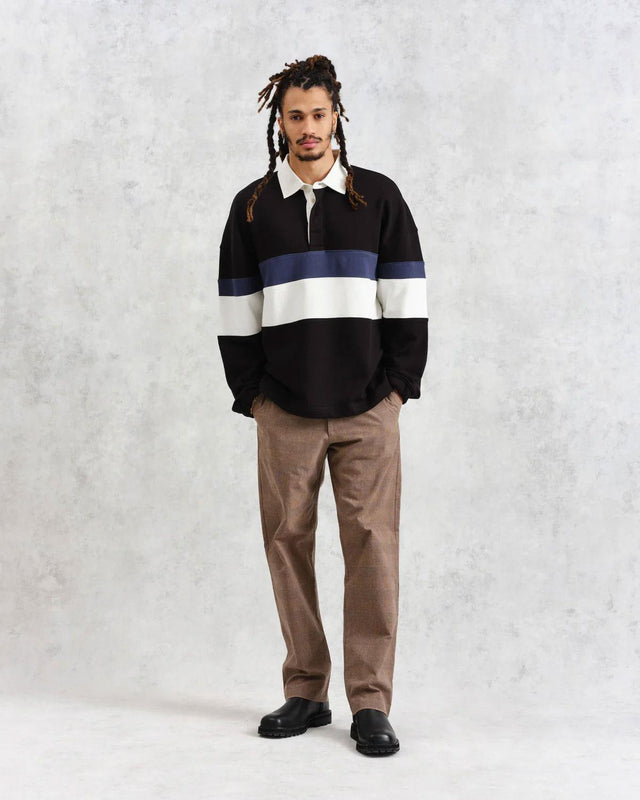 BOW STRIPED COTTON RUGBY SHIRT - BLACK AW24-LST-BOW-BLR-BKN -BLACK/NAVY WAX LONDON 