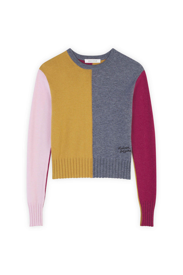 COLOUR BLOCK REGULAR JUMPER - MUSTARD/STONE LW00801KT1085 MUSTARD/STONE Maison Kitsune 