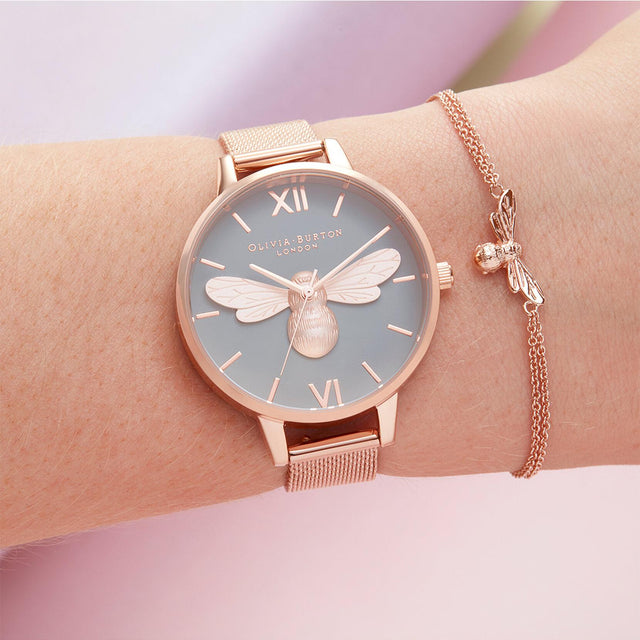 LUCKY BEE WATCH - ROSE GOLD/ GREY OB16FB10 -ROSE GOLD MESH/ GREY DIAL OLIVIA BURTON 