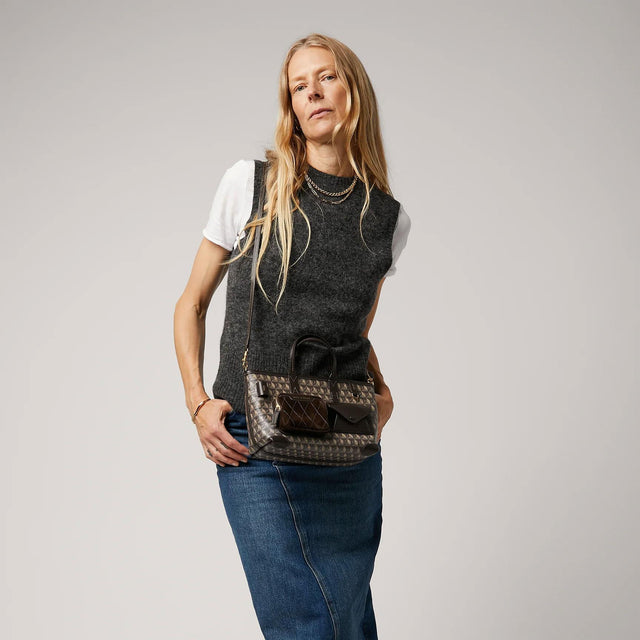 I AM A PLASTIC BAG TOTE XS MULTI POCKET - TRUFFLE RECYCLED CANVAS WITH EBONY SATIN LEATHER 183482 Ebony ANYA HINDMARCH 