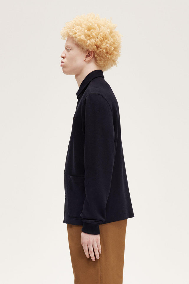 BUTTON THROUGH LONG SLEEVE POLO - NAVY