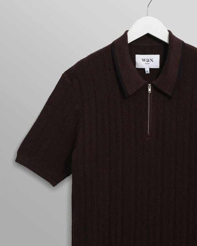 STRIPE RICE STITCH BURY ZIP POLO - DARK BROWN AW25-KNT-BRY-BYN-DKB -DARK BROWN WAX LONDON 