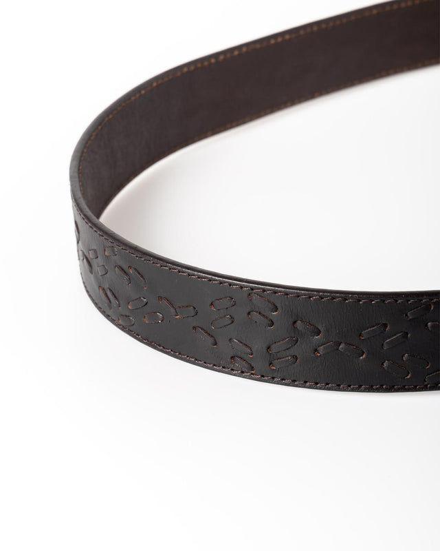 PATON GEO STITCHED LEATHER BELT - DARK BROWN AW25-ACC-PAT-BZZ-DKB -DARK BROWN WAX LONDON 