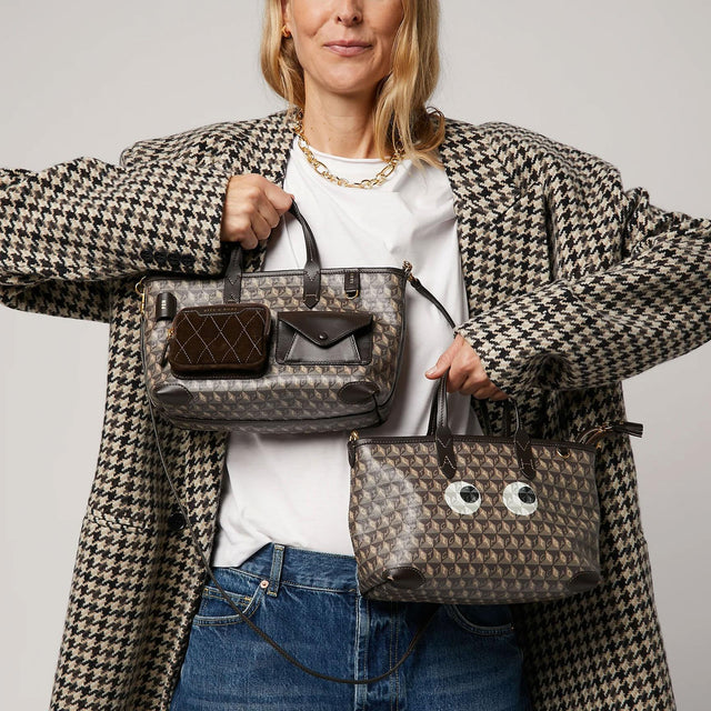 I AM A PLASTIC BAG TOTE XS MULTI POCKET - TRUFFLE RECYCLED CANVAS WITH EBONY SATIN LEATHER 183482 Ebony ANYA HINDMARCH 