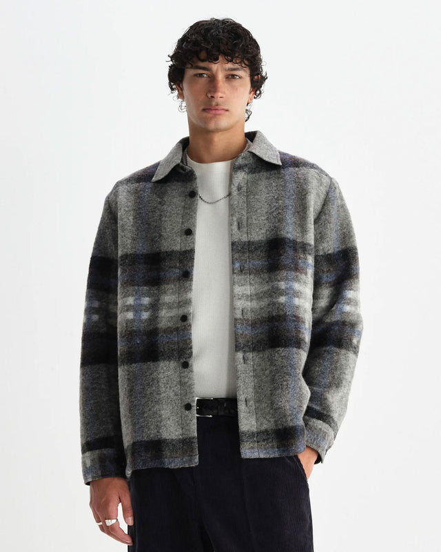 WOOL CHECK NOLAN OVERSHIRT - GREY/ BLUE AW25-OSH-NOL-BZF-GBL -GREY/BLUE WAX LONDON 