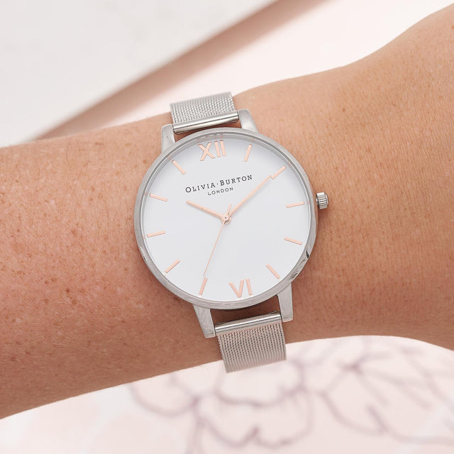 WHITE DIAL SILVER WATCH - SILVER MESH OB16BD97 -SILVER MESH OLIVIA BURTON 