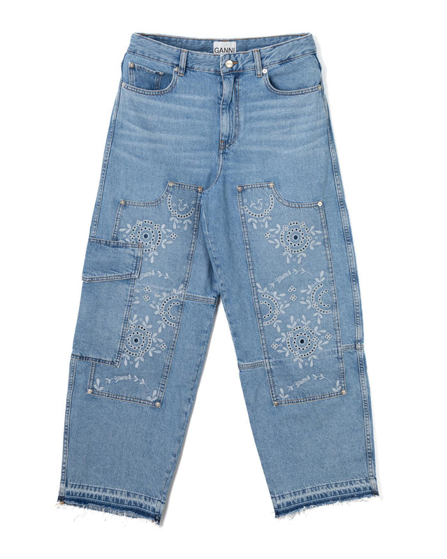 BRODERIE ANGLAISE DENIM CARPENTER JEANS - LIGHT BLUE STONE