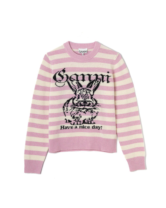 STRIPED GRAPHIC WOOL MIX BUNNY JUMPER - PRIMROSE PINK