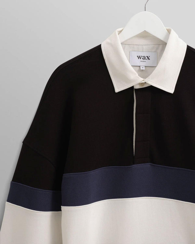 BOW STRIPED COTTON RUGBY SHIRT - BLACK AW24-LST-BOW-BLR-BKN -BLACK/NAVY WAX LONDON 