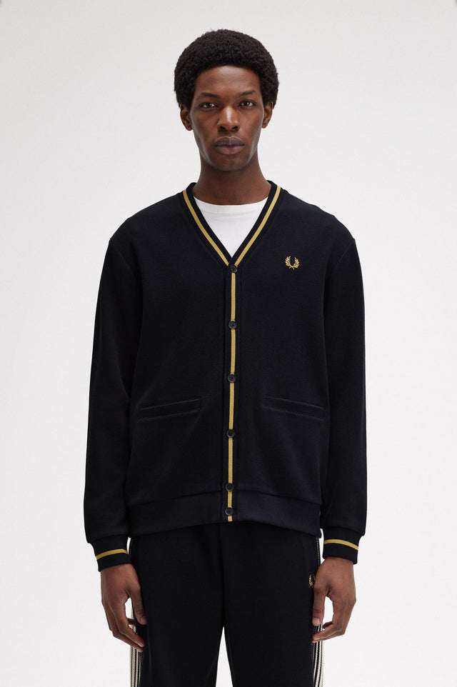 TIPPED PIQUE TEXTURE CARDIGAN - NAVY