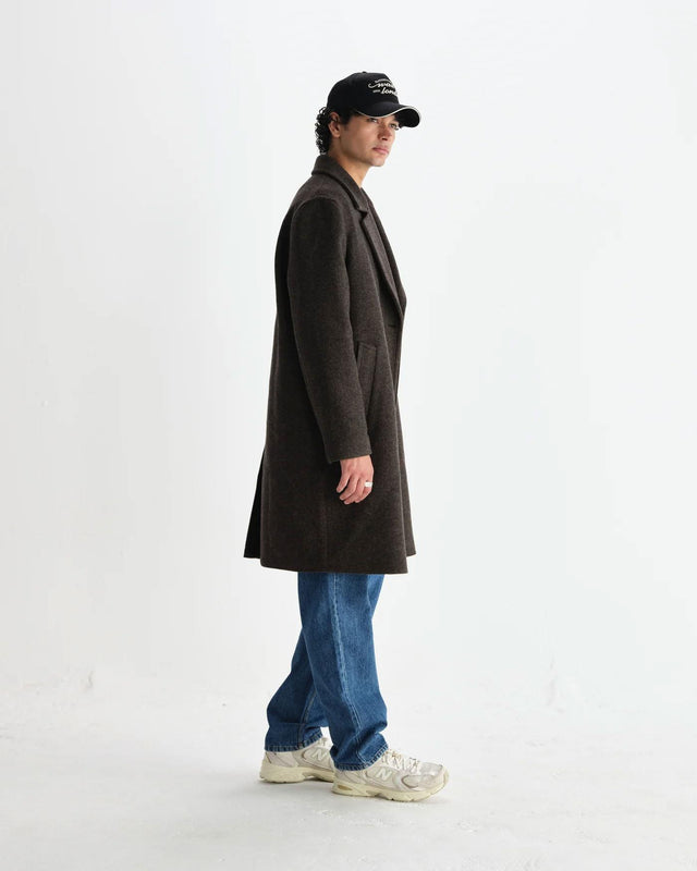 HERRINGBONE DOUBLE BREASTED WOOL OVERCOAT - BROWN AW25-OUT-MAG-BZU-BRN -BROWN WAX LONDON 
