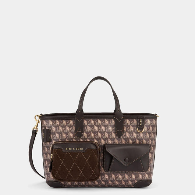 I AM A PLASTIC BAG TOTE XS MULTI POCKET - TRUFFLE RECYCLED CANVAS WITH EBONY SATIN LEATHER 183482 Ebony ANYA HINDMARCH 